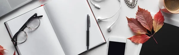 メガネ スマートフォン デジタルタブレット コーヒーと赤の葉の近くの空白のノートのパノラマショット野生のブドウの — ストック写真