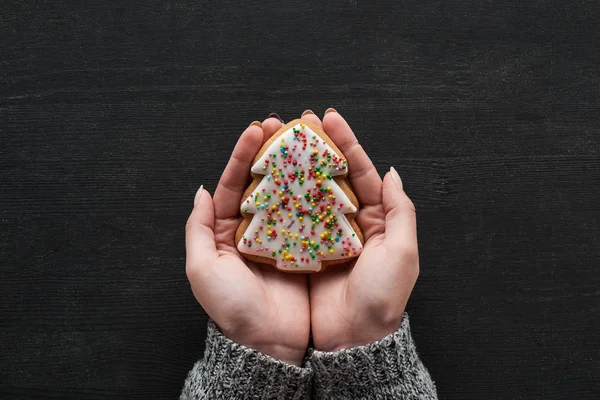 Cropped View Woman Holding Baked Christmas Tree Cookie Hands — Stock Photo, Image