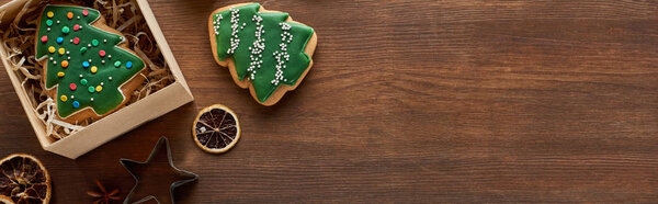 top view of Christmas tree cookies, gift box and dried citrus slices on wooden table, panoramic shot, panoramic shot
