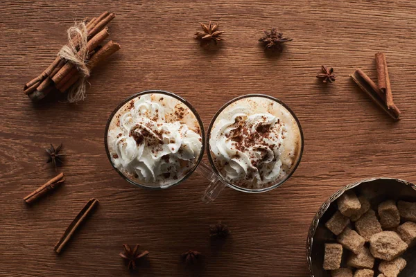 Top View Christmas Cacao Whipped Cream Wooden Table Anise Brown — Stock Photo, Image