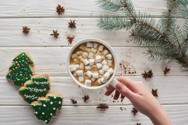 Beyaz ahşap masa, anason, çam dalı ve Noel kurabiyeleriyle kakao ve marşmelovlu kupa tutan bir kadın.