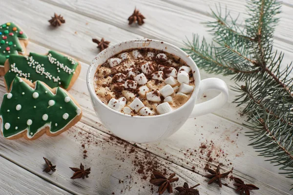 Cacao Marshmallow Cup White Wooden Table Fir Branch Christmas Cookies — Stock Photo, Image