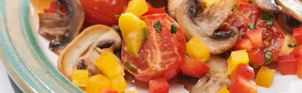 Perto Cogumelos Guisados Gostosos Tomates Pimentas Chapa — Fotografia de Stock