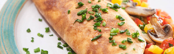 close up of tasty wrapped omelet with tomatoes, peppers and greens on plate