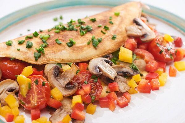 close up of wrapped omelet with tomatoes, mushrooms, peppers and greens on plate
