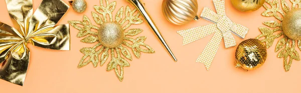 Top View Festive Golden Christmas Decoration Orange Background Panoramic Shot — Stock Photo, Image