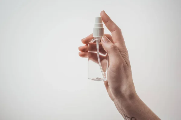 Cropped View Woman Holding Bottle Liquid White Background — ストック写真