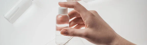 Panoramic Shot Woman Holding Bottle Liquid White Background — ストック写真