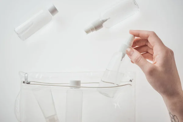 Cropped View Woman Holding Bottle Liquid White Background — Stock Photo, Image