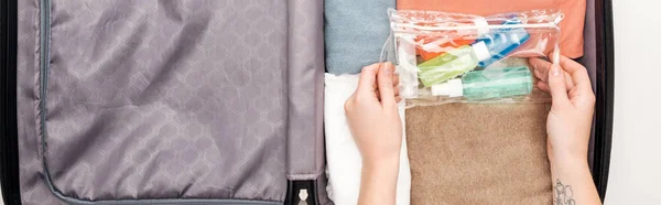 Panoramic Shot Woman Packing Travel Bag White Background — Stock Photo, Image