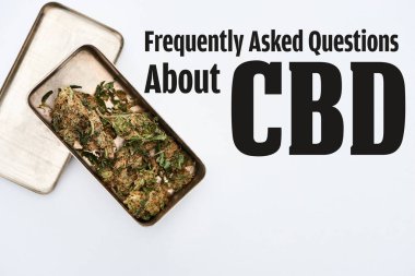 top view of marijuana buds in metal box on white background with frequently asked questions about cbd illustration clipart