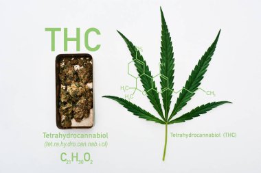 top view of green cannabis leaf and marijuana buds in metal box on white background with THC molecule illustration clipart