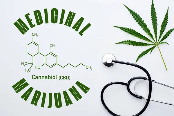 Top View Medical Cannabis Leaf Stethoscope White Background Cbd Molecule — Stock Photo, Image