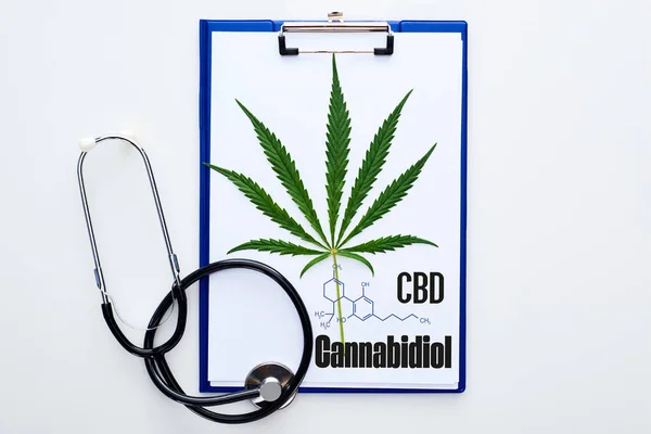 Top View Medical Cannabis Leaf Clipboard Cbd Lettering Stethoscope White — Stock Photo, Image