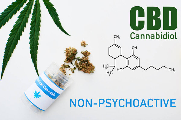 top view of bottle with medical cannabis and marijuana leaf on white background with cbd molecule illustration