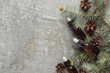 Köknar dalları yakınındaki doğal yağlı şişelerin ve gri taş yüzeyindeki kuru konilerin üst görüntüsü