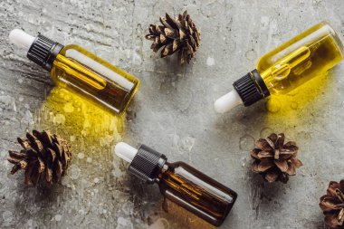 top view of bottles with natural oil near dry spruce cones on grey stone surface clipart