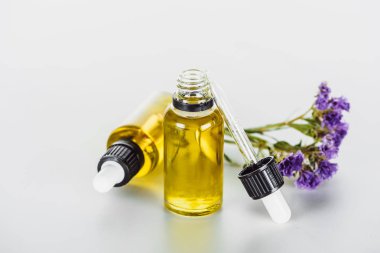 bottles of natural oil and twig of dry limonium with flowers on white background clipart