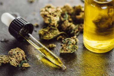 close up view of medical marijuana buds, bottle and dropper with hemp oil on stone surface clipart