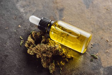 İlaç yanında doğal yağlı bir şişe mermer yüzeyde marihuana tomurcukları.
