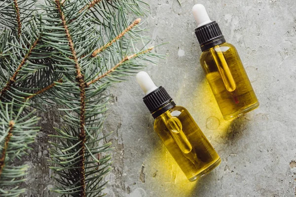 Top View Bottles Natural Oil Fir Branches Grey Stone Surface — Stock Photo, Image
