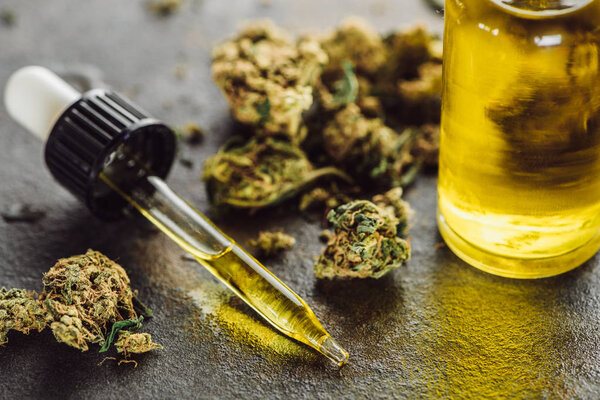 close up view of medical marijuana buds, bottle and dropper with hemp oil on stone surface