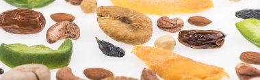 close up view of assorted nuts, dried fruits and candied fruit isolated on white, panoramic shot clipart