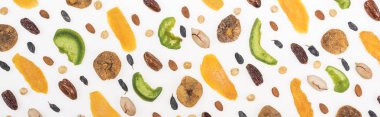 top view of assorted nuts, dried fruits and candied fruit isolated on white, panoramic shot clipart