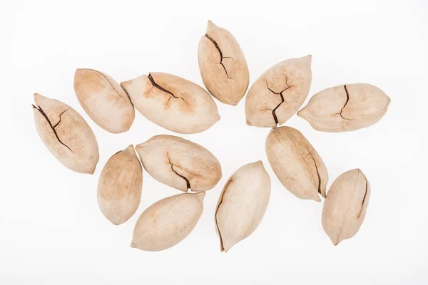 Top View Whole Pistachios Shell Scattered Isolated White — Stock Photo, Image