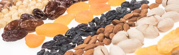 Assorted Turkish Dried Fruits Nuts Isolated White Panoramic Shot — Stock Photo, Image