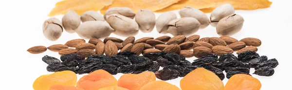Assorted Turkish Dried Fruits Nuts Isolated White Panoramic Shot — Stock Photo, Image