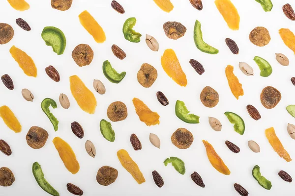 Vista Superior Nueces Surtidas Frutos Secos Frutas Confitadas Aisladas Blanco — Foto de Stock