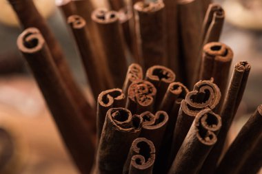 close up view of aromatic fresh cinnamon sticks  clipart