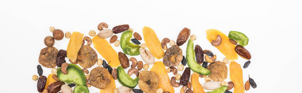 top view of Turkish assorted nuts, dried fruits and candied fruit isolated on white, panoramic shot