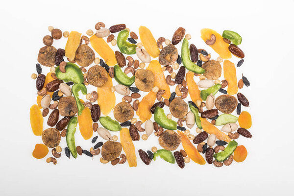top view of Turkish assorted nuts, dried fruits and candied fruit isolated on white