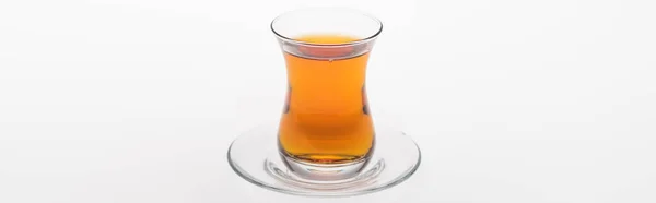 Glass Cup Tea Saucer Isolated White Panoramic Shot — Stock Photo, Image