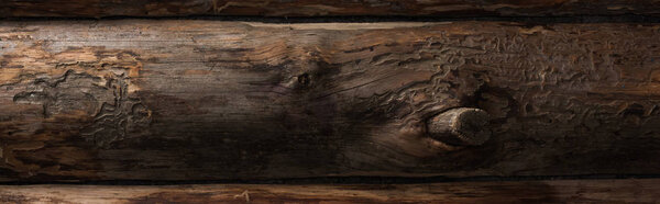 top view of empty brown wooden logs background, panoramic shot