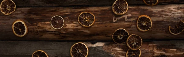 Top View Dried Citrus Slices Wooden Background Panoramic Shot — Stock Photo, Image