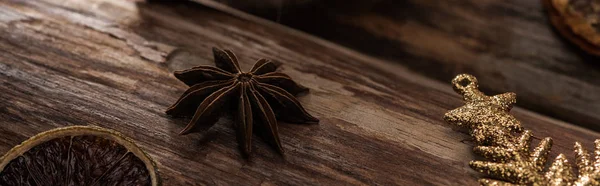 Dried Citrus Slice Anise Decorative Snowflake Wooden Background Panoramic Shot — Stock Photo, Image