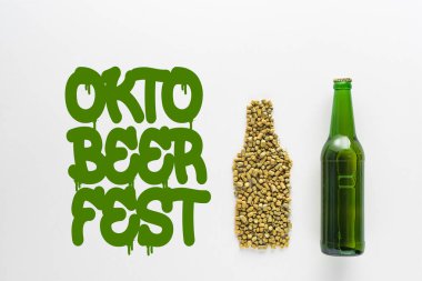 Bastırılmış hop ve yeşil Oktoberfest yazıları beyaz üzerine izole edilmiş bira şişesi manzarası 