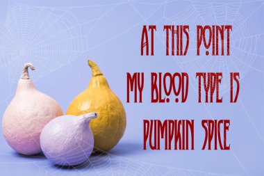 painted festive Halloween pumpkins on violet background with at this point my blood type is pumpkin spice illustration clipart