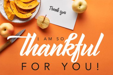 top view of pumpkin, apples, knife and thank you card on orange background with i am so thankful for you illustration clipart