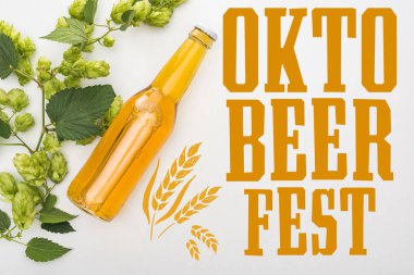 Yeşil çiçekli bira şişesinin en üst görüntüsü beyaz zemin üzerinde Oktoberfest harfleriyle sıçrıyor