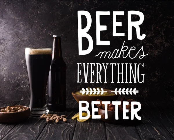 Glass Bottle Beer Bowls Snacks Dark Wooden Table White Beer — Stock Photo, Image