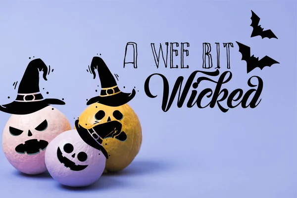 Painted Festive Halloween Pumpkins Violet Background Wee Bit Wicked Illustration — Stock Photo, Image