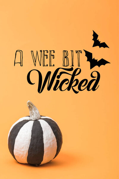striped painted black and white Halloween pumpkin on orange colorful background with a wee bit wicked illustration