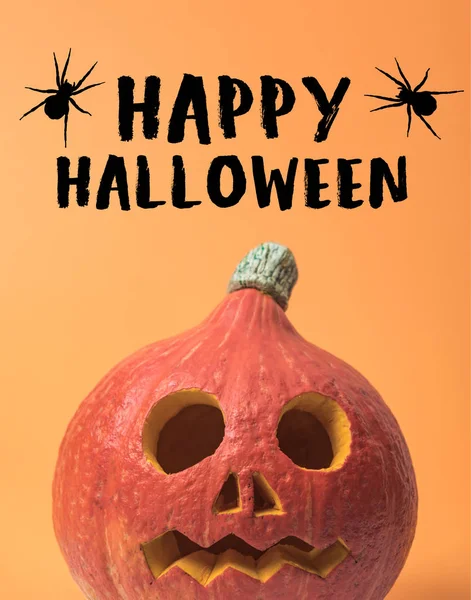 Espeluznante Calabaza Halloween Sobre Fondo Naranja Con Feliz Ilustración Halloween —  Fotos de Stock
