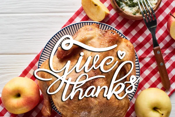 Top View Roasted Turkey Give Thanks Illustration Apples Served White — Stock Photo, Image