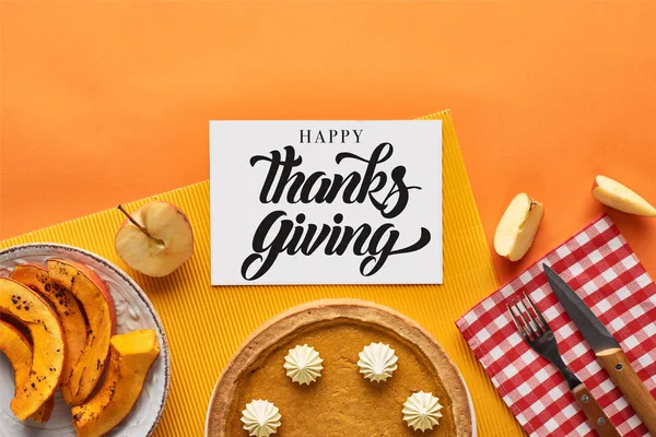 Top View Delicious Pumpkin Pie Card Happy Thanksgiving Illustration Orange — Stock Photo, Image