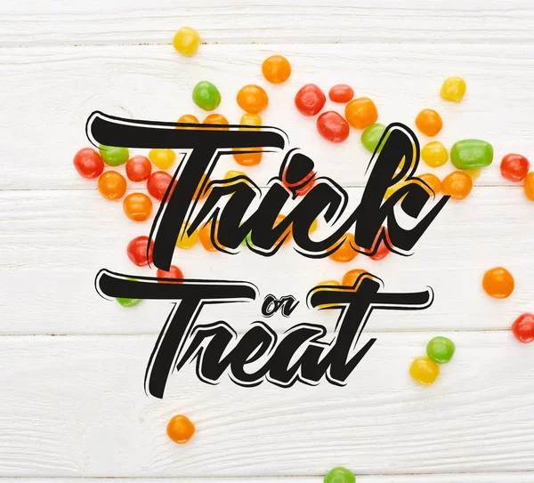 Top View Colorful Bonbons White Wooden Table Trick Treat Illustration — Stock Photo, Image